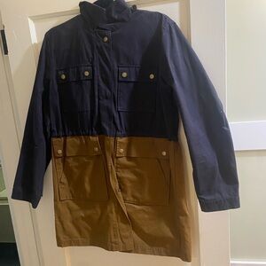 J crew waxed canvas vintage jacket worms. Medium navy blue and moss green